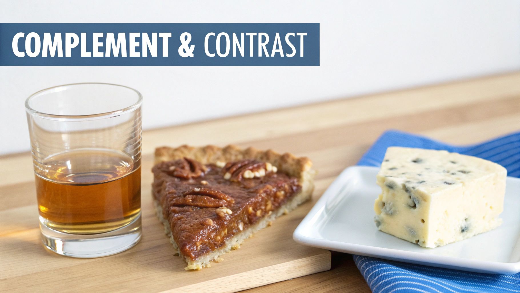 Whisky glass and food on a rustic wooden table