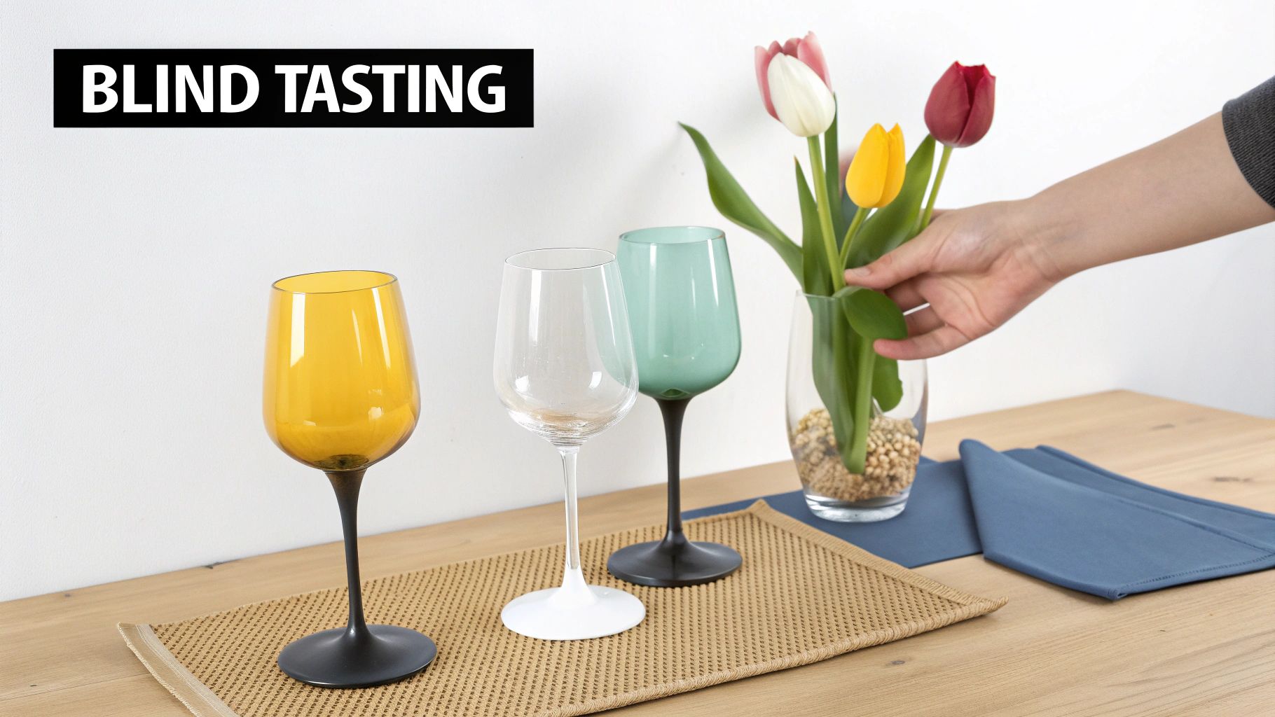 A 'Blind Tasting' setup on a wooden table with three wine glasses, blue napkins, and tulips.