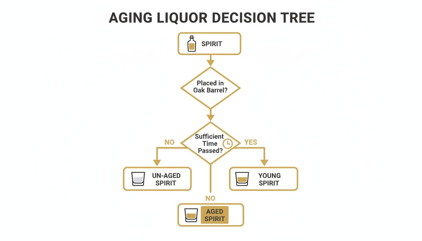 A decision tree illustrating the process of aging liquor, distinguishing between un-aged, young, and aged spirits.