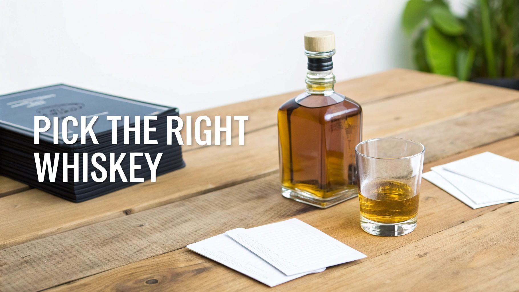 A bottle and glass of whiskey on a rustic wooden table with stacked black books and papers.