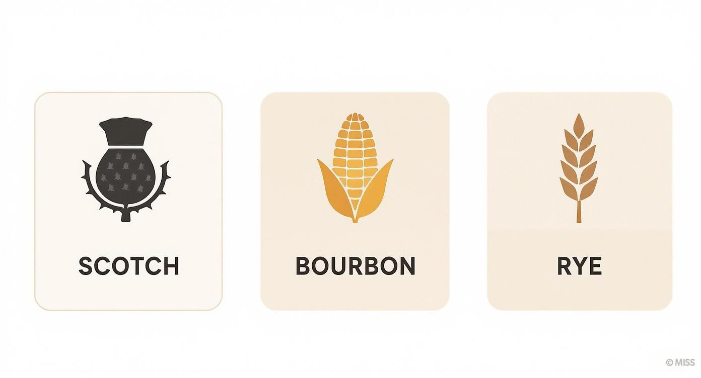 Icons representing Scotch whiskey (thistle), Bourbon whiskey (corn), and Rye whiskey (rye grain).