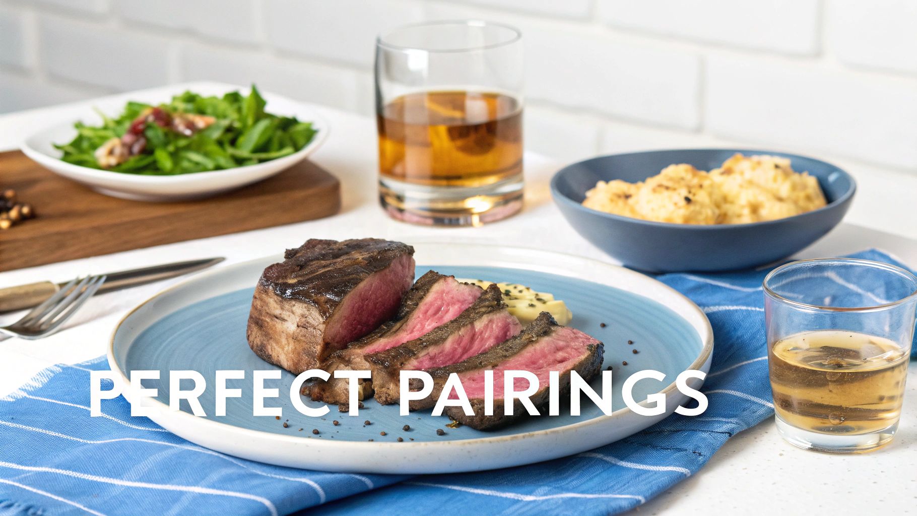 A perfectly cooked, sliced steak with mashed potatoes, fresh salad, and whiskey on a blue napkin.