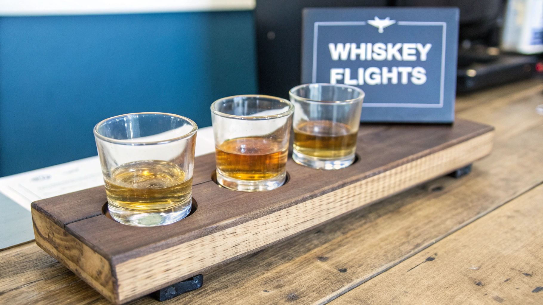 A neatly arranged whiskey tasting flight with three glasses and a water dropper.
