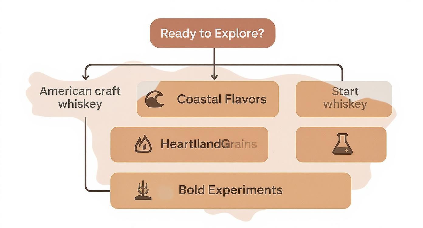 A flowchart titled 'Ready to Explore?' guiding through different whiskey exploration paths.