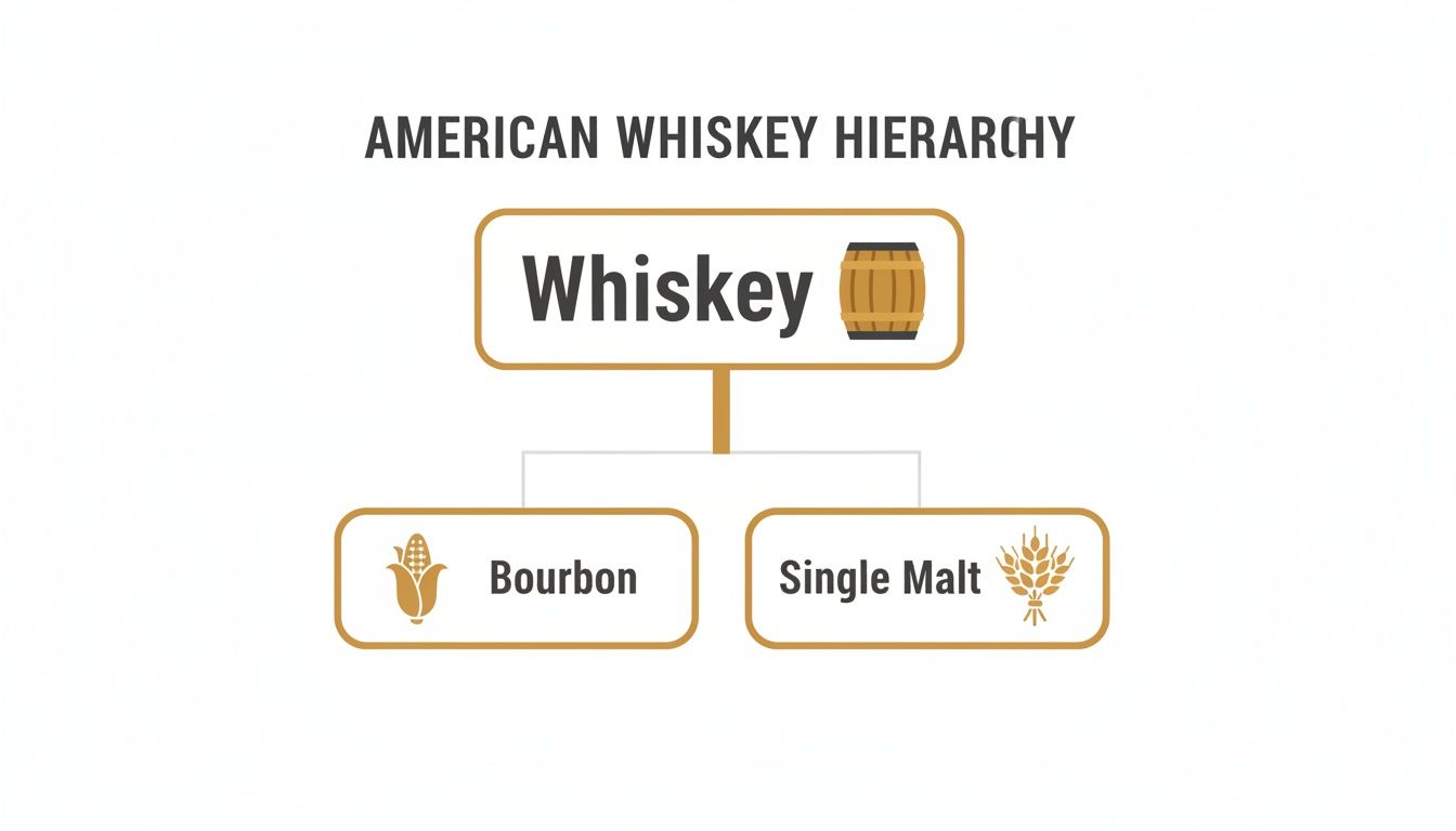 A diagram illustrating the American whiskey hierarchy, showing Bourbon (corn) and Single Malt (wheat) as types of Whiskey.