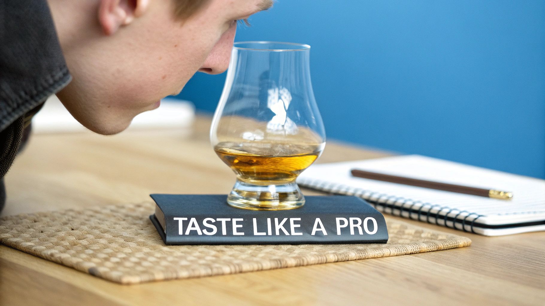 Young man meticulously nosing a glass of whiskey, guided by a "Taste Like a Pro" book.