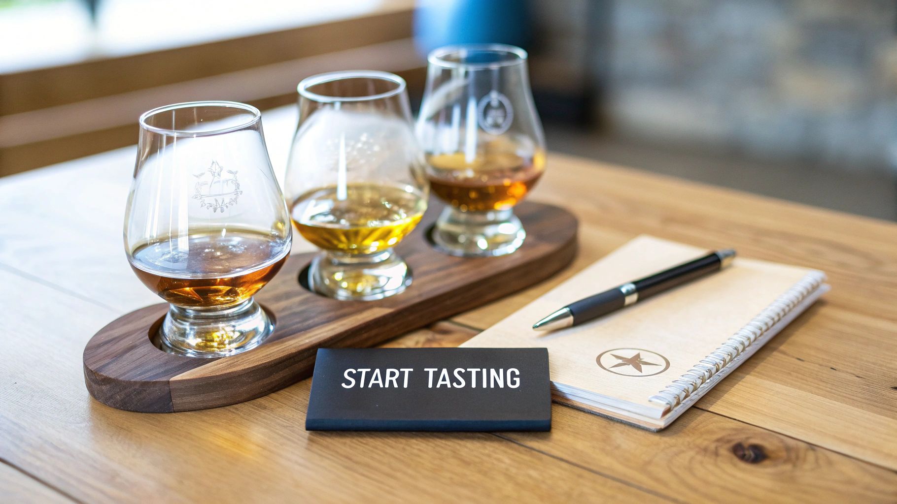 Three glasses of whiskey on a wooden tasting tray with a notebook and a 'Start Tasting' sign.