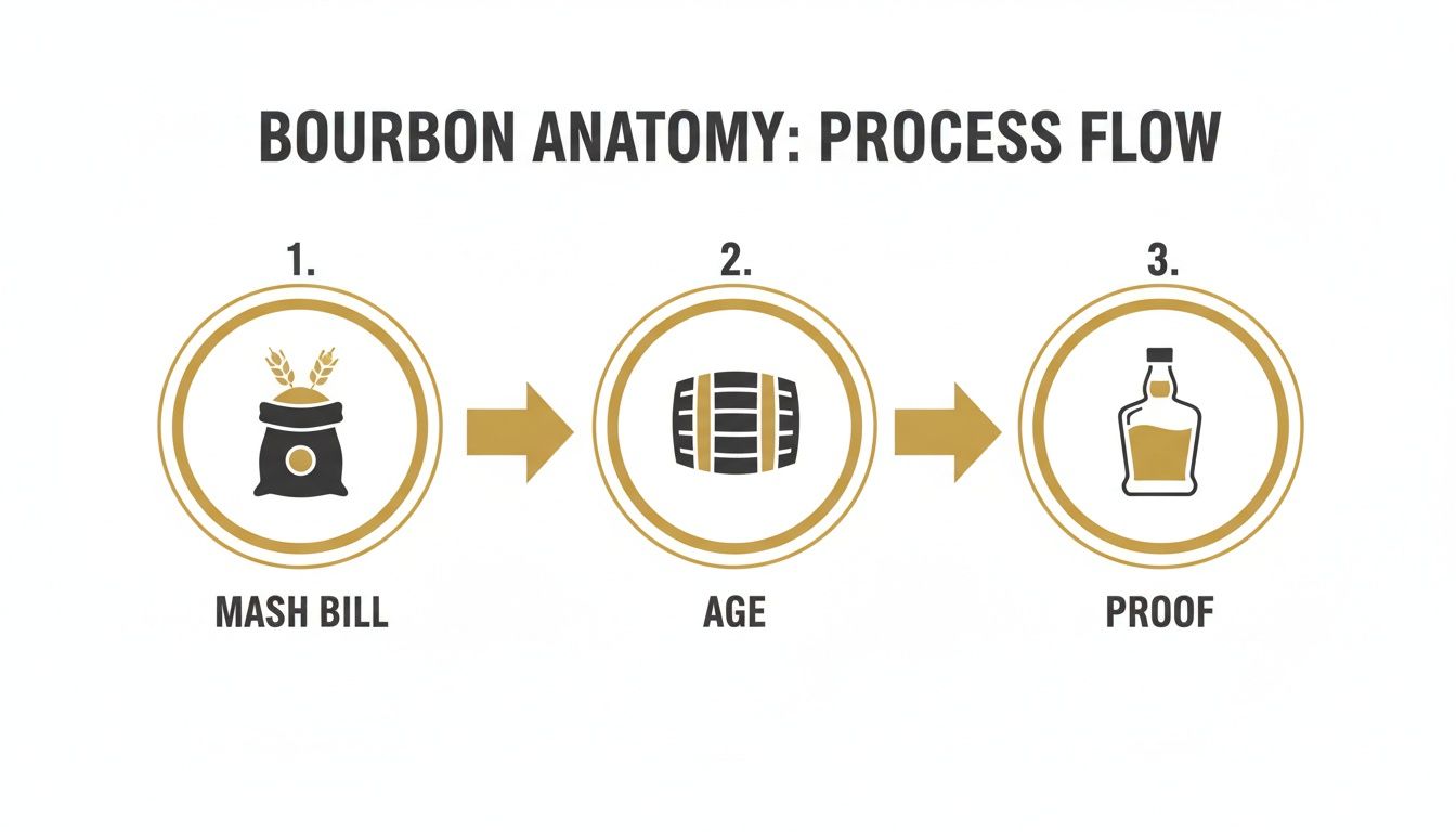A diagram illustrating the bourbon production process flow: Mash Bill, Aging in a barrel, and Proofing in a bottle.