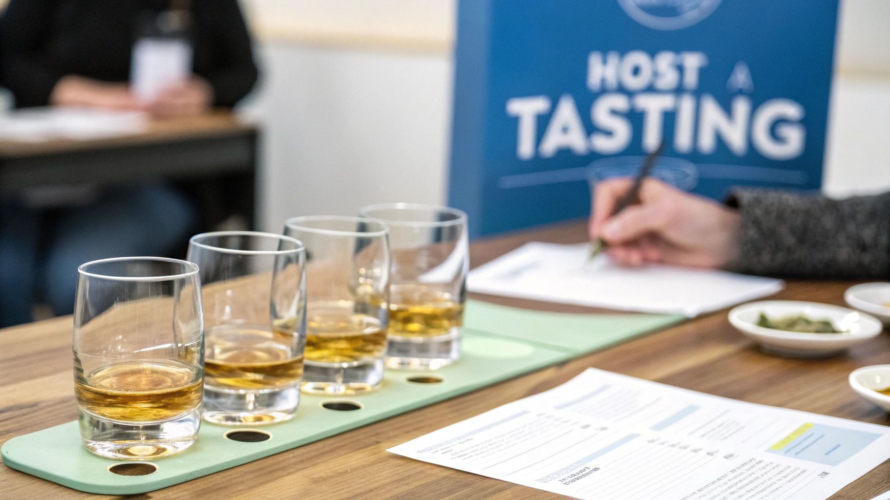 A group of friends enjoying a whisky pairing event at home.