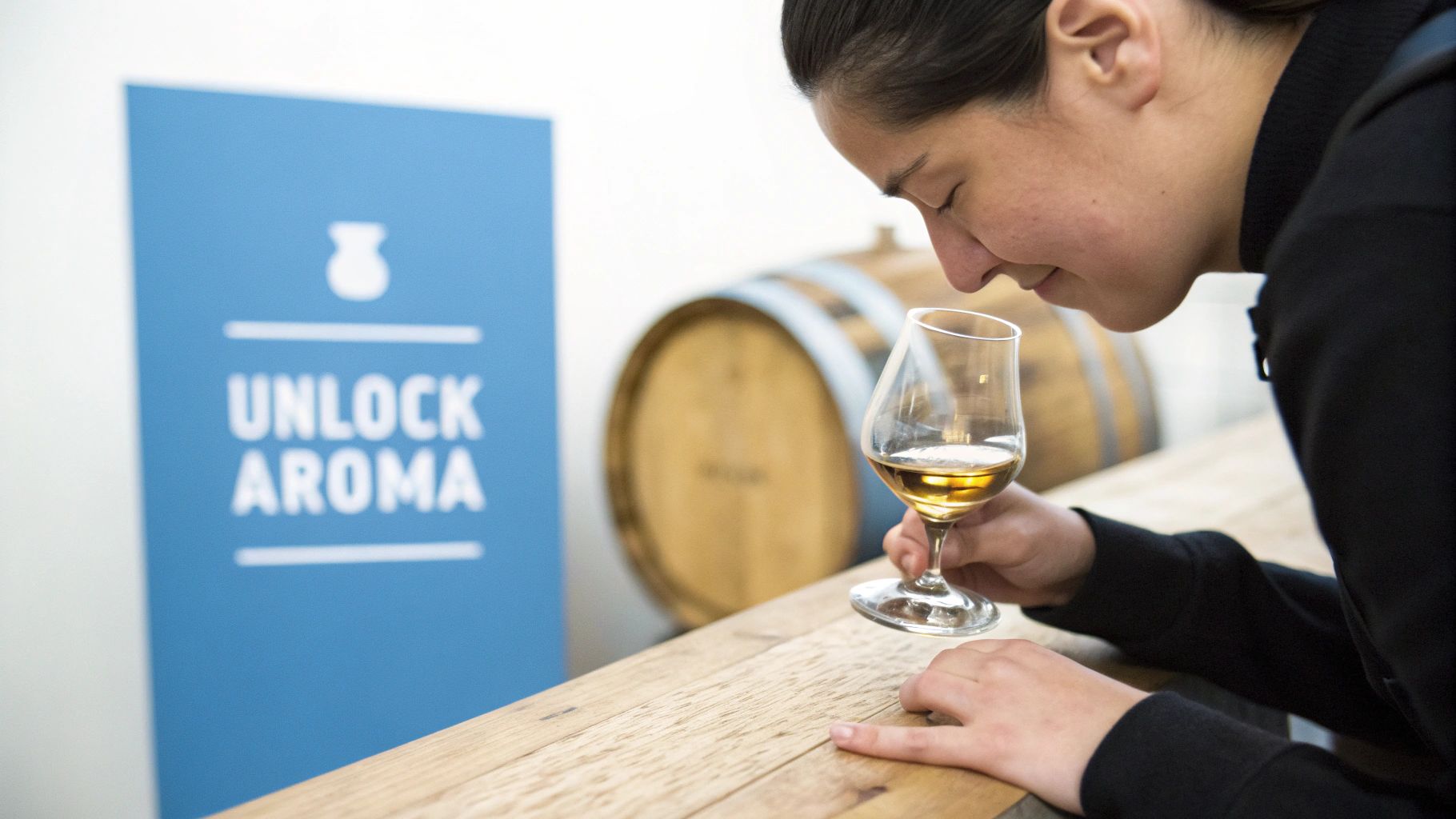 A person nosing a glass of Scotch whisky, focusing on the aromas.