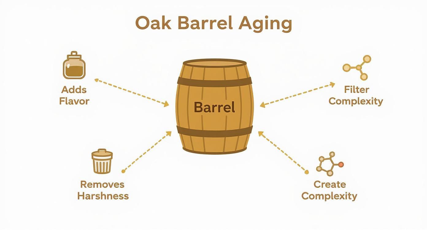 Diagram illustrating the benefits of oak barrel aging, including adding flavor, removing harshness, and managing complexity.