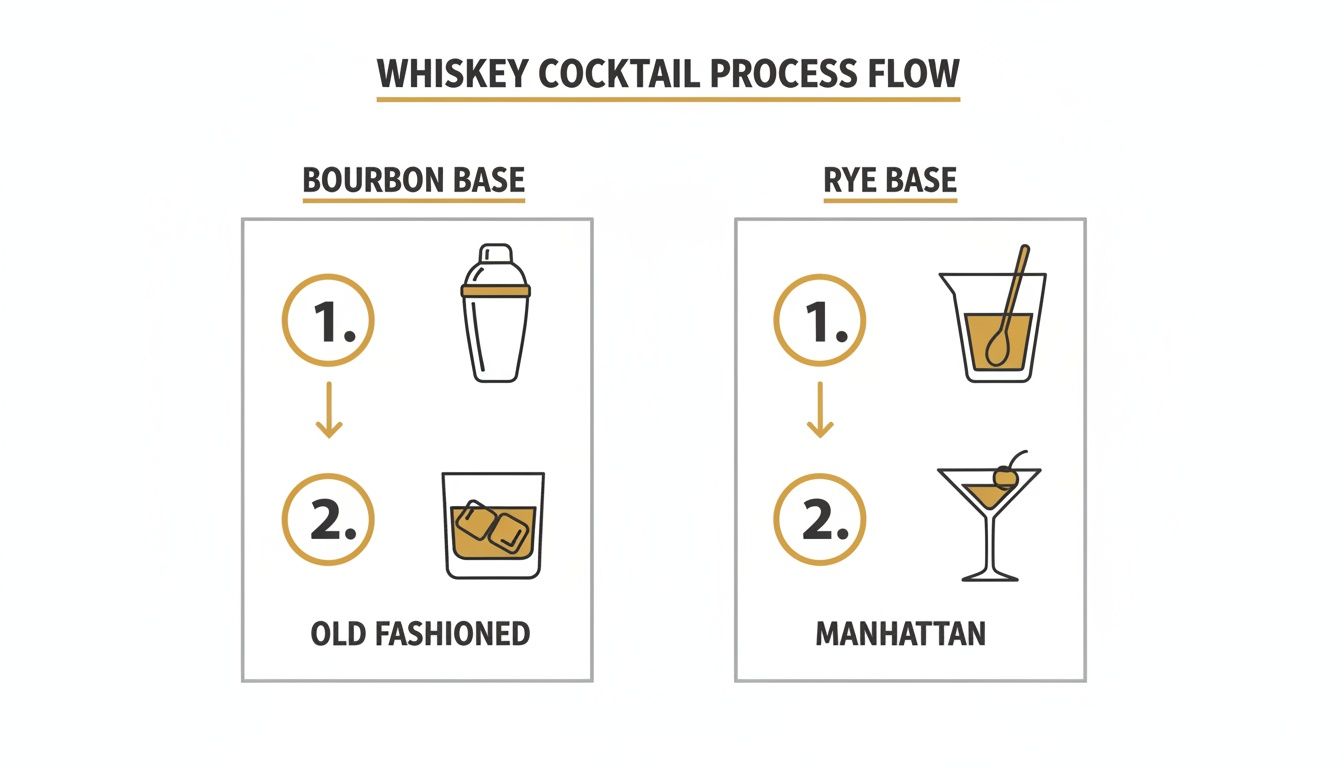 A process flow diagram illustrating steps to make Old Fashioned with bourbon and Manhattan with rye whiskey.