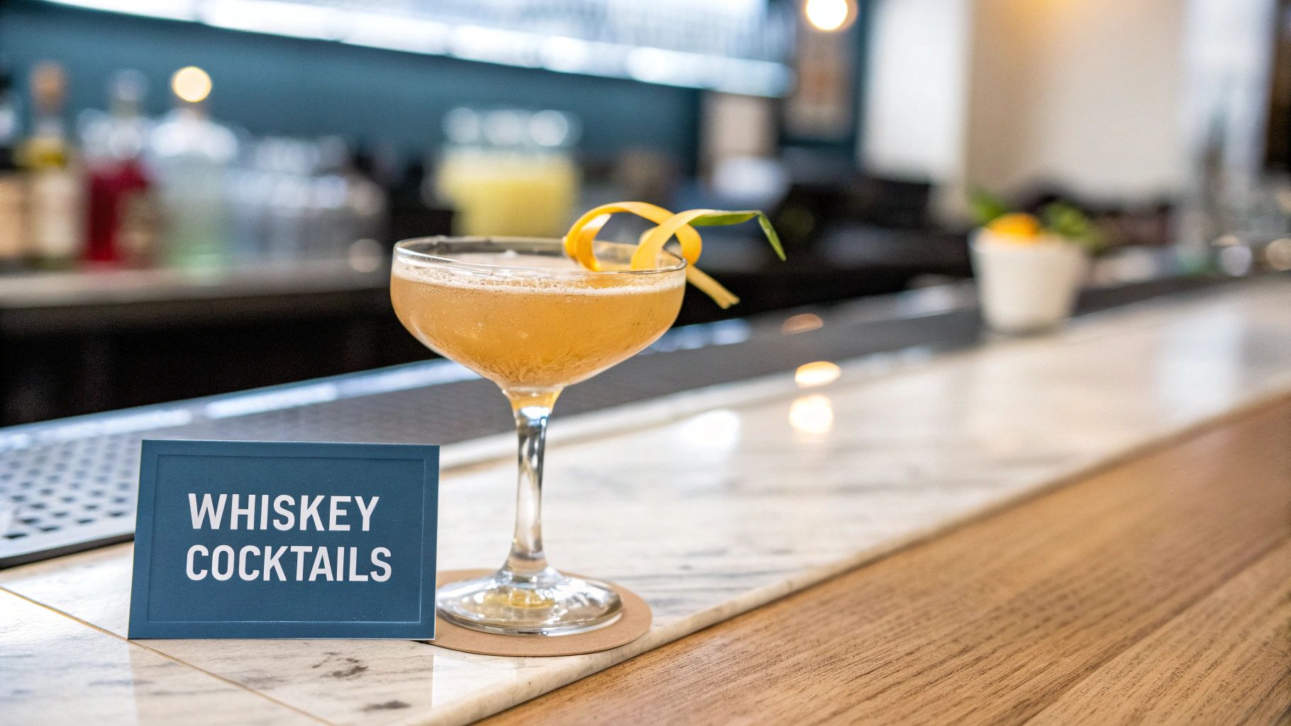 A classic Old Fashioned cocktail garnished with an orange peel and cherry.