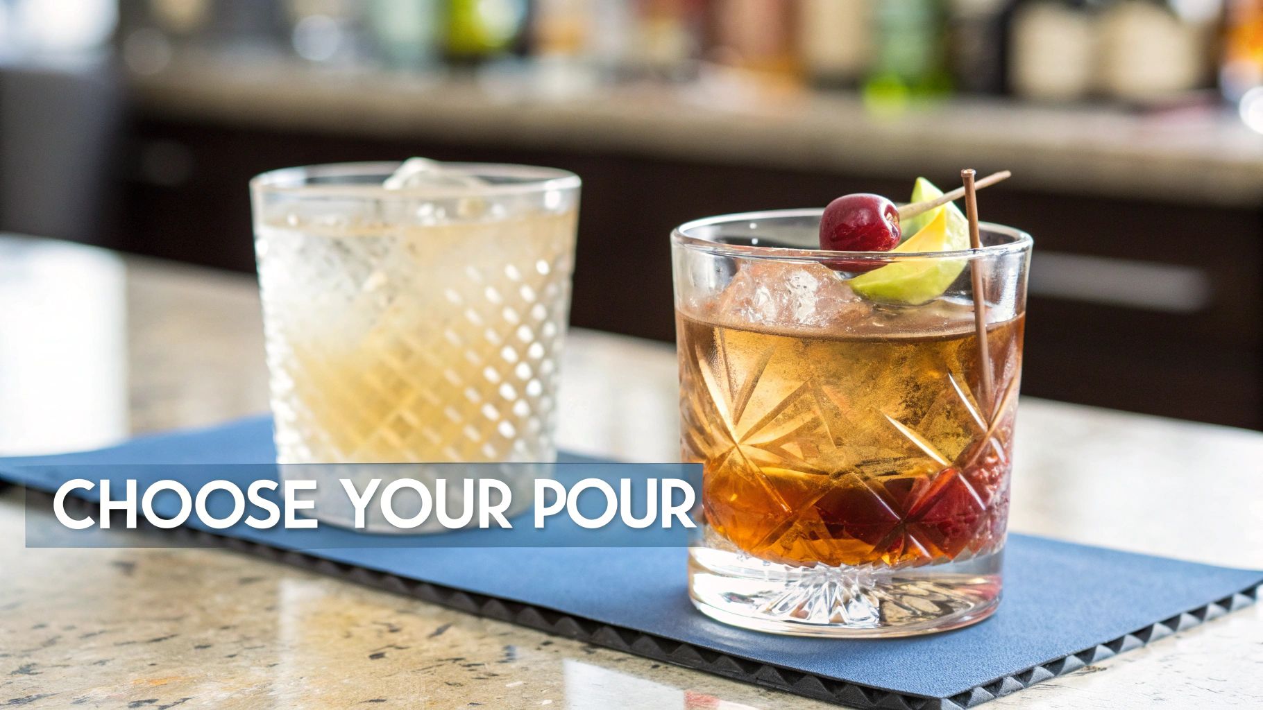 A beautifully crafted Old Fashioned cocktail in a rocks glass, garnished with an orange peel.