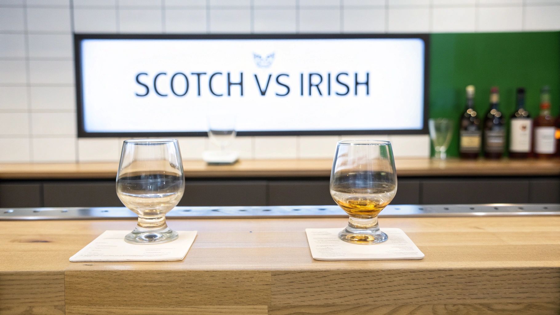 Two glasses of whiskey, one clear and one amber, on a wooden bar with a "Scotch vs Irish" sign.