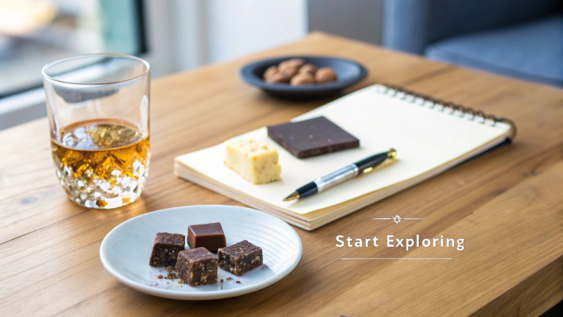 Elegant whisky and chocolate pairing on a wooden table with a notebook and assorted snacks.