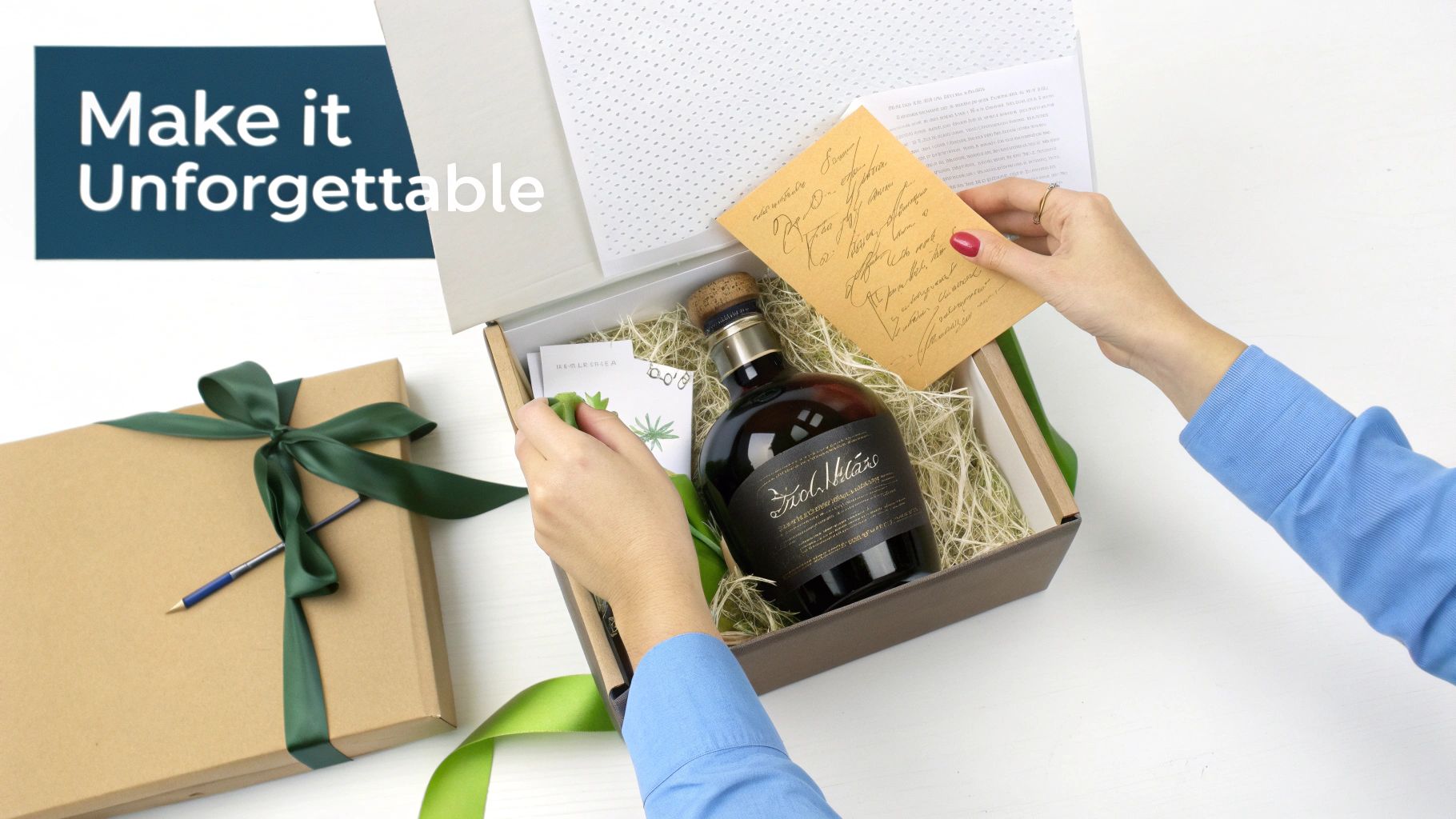 Hands opening a luxury gift box with a dark bottle, straw, and a handwritten note, next to another wrapped gift.