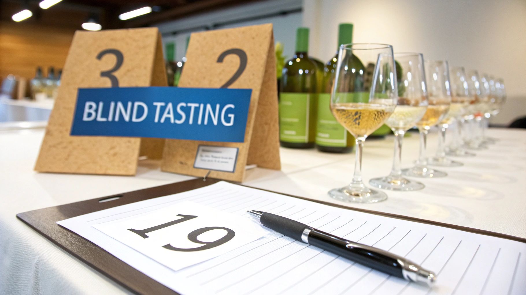 A table set up for a blind wine tasting event with numbered signs, glasses, and a scorecard.