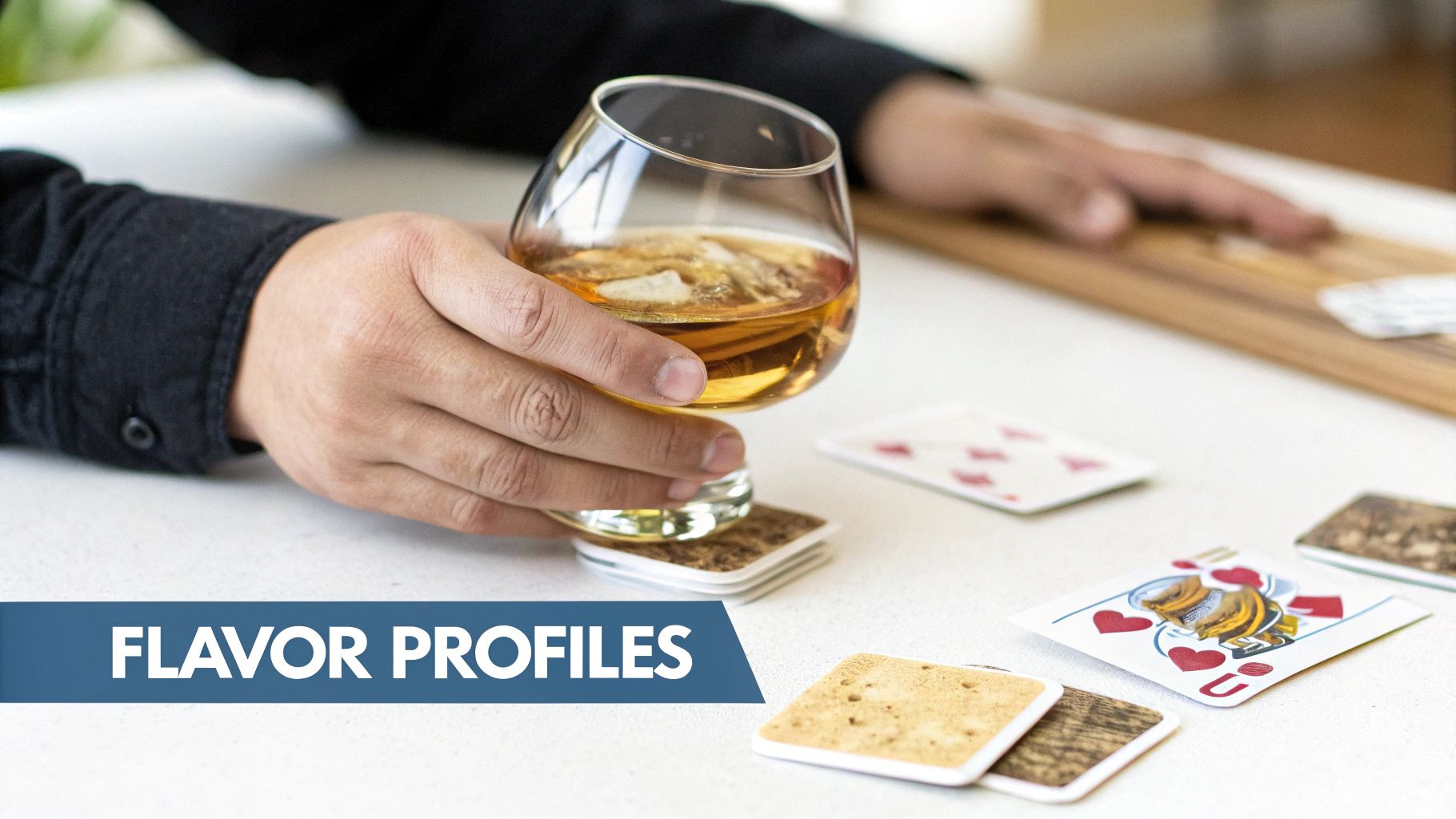 A person holds a glass of amber spirit with ice, surrounded by playing cards and coasters.