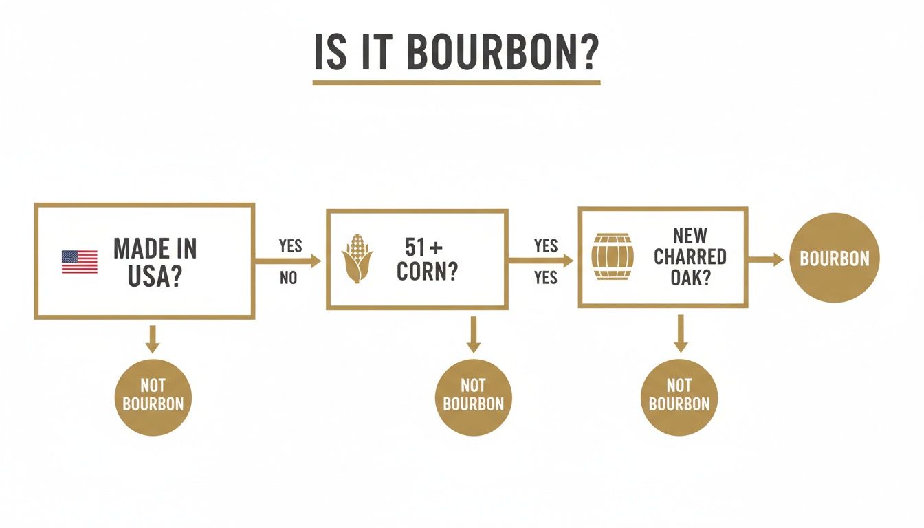 Flowchart illustrating the three key requirements for a spirit to be classified as Bourbon.