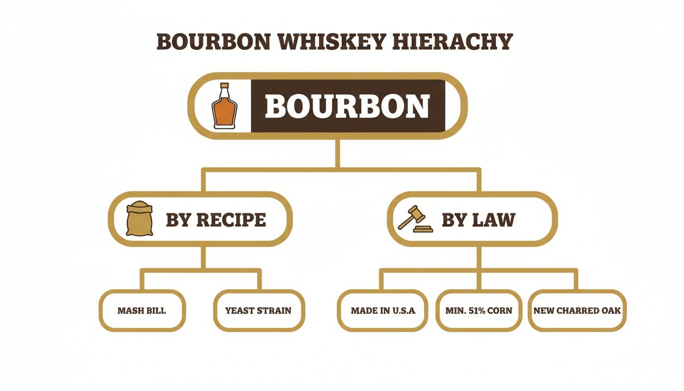 A Bourbon Whiskey Hierarchy chart detailing requirements by recipe, including mash bill, and legal aspects.