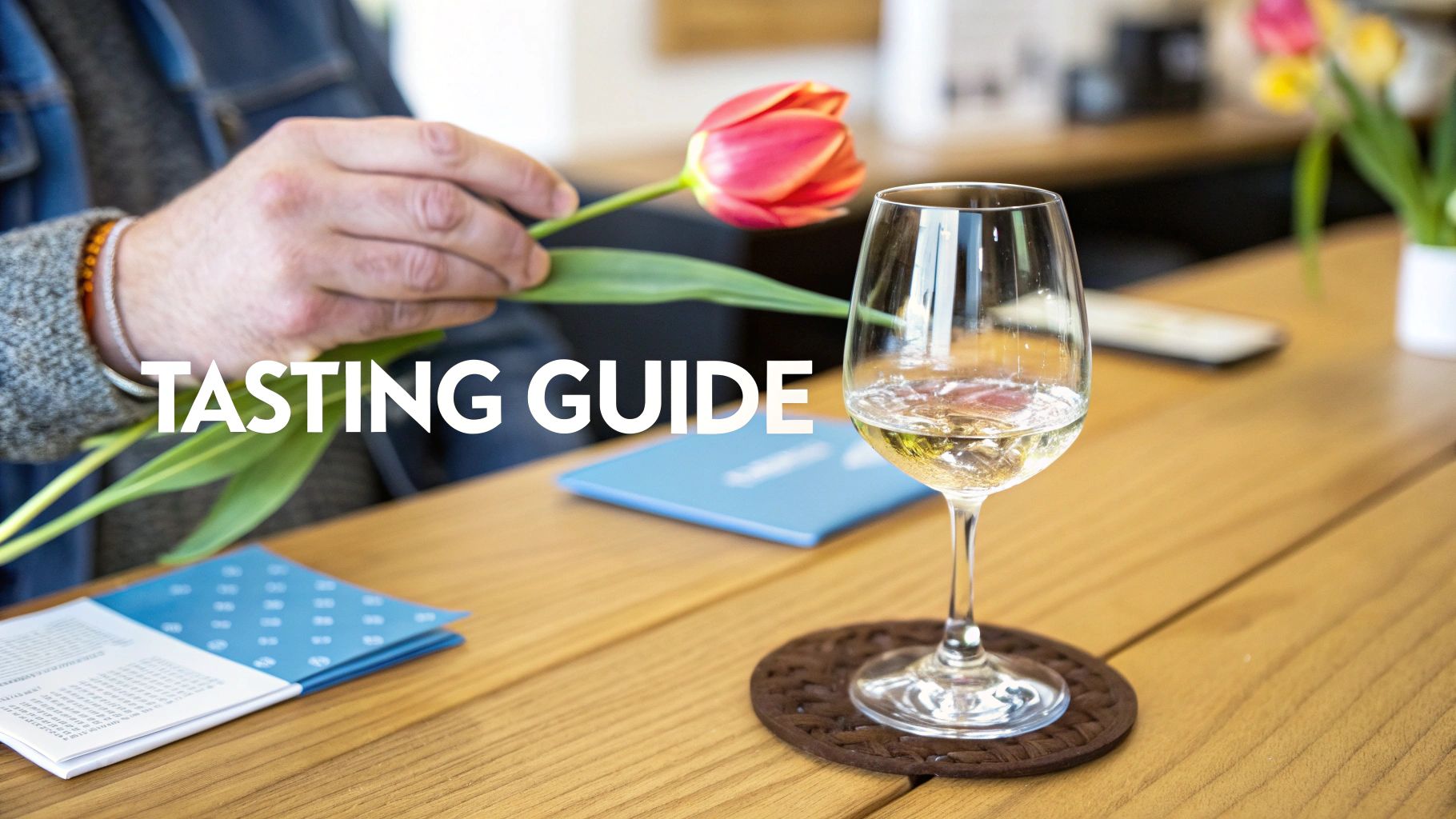 A hand holds a red tulip next to a glass of white wine and a 'Tasting Guide' booklet on a wooden table.