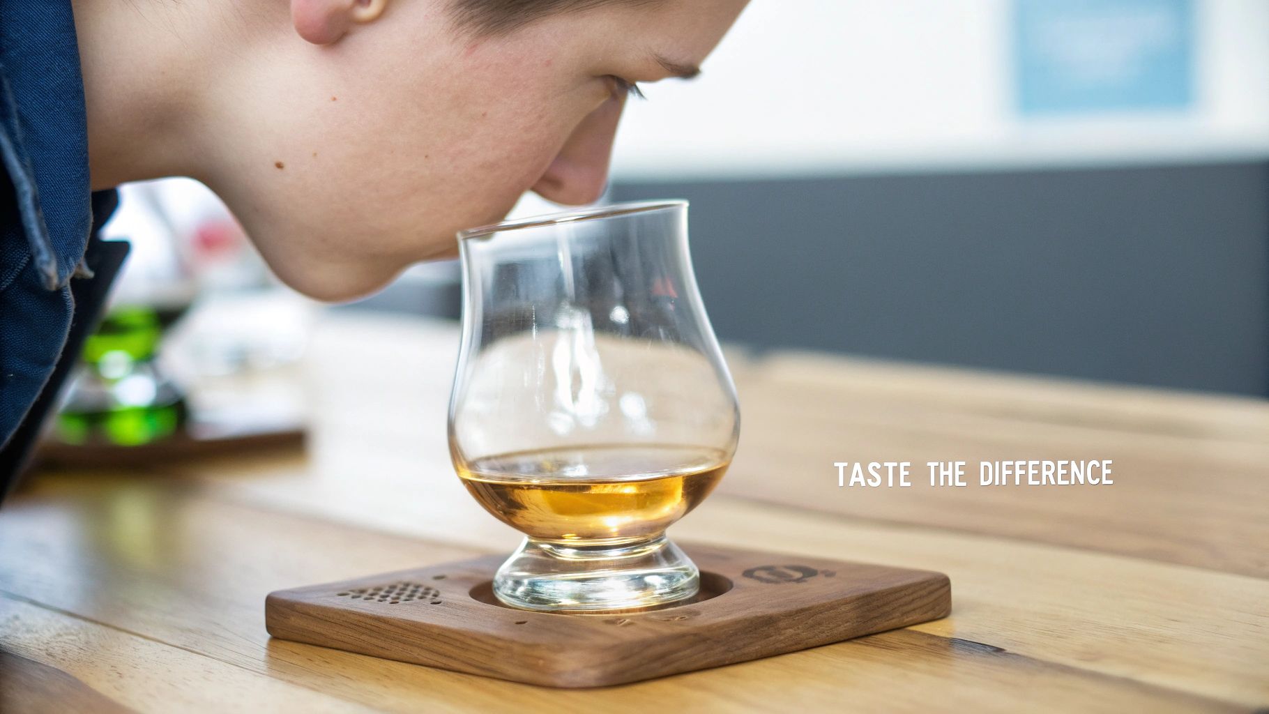 A person with a denim shirt is leaning over to smell a glass of whiskey on a wooden coaster.