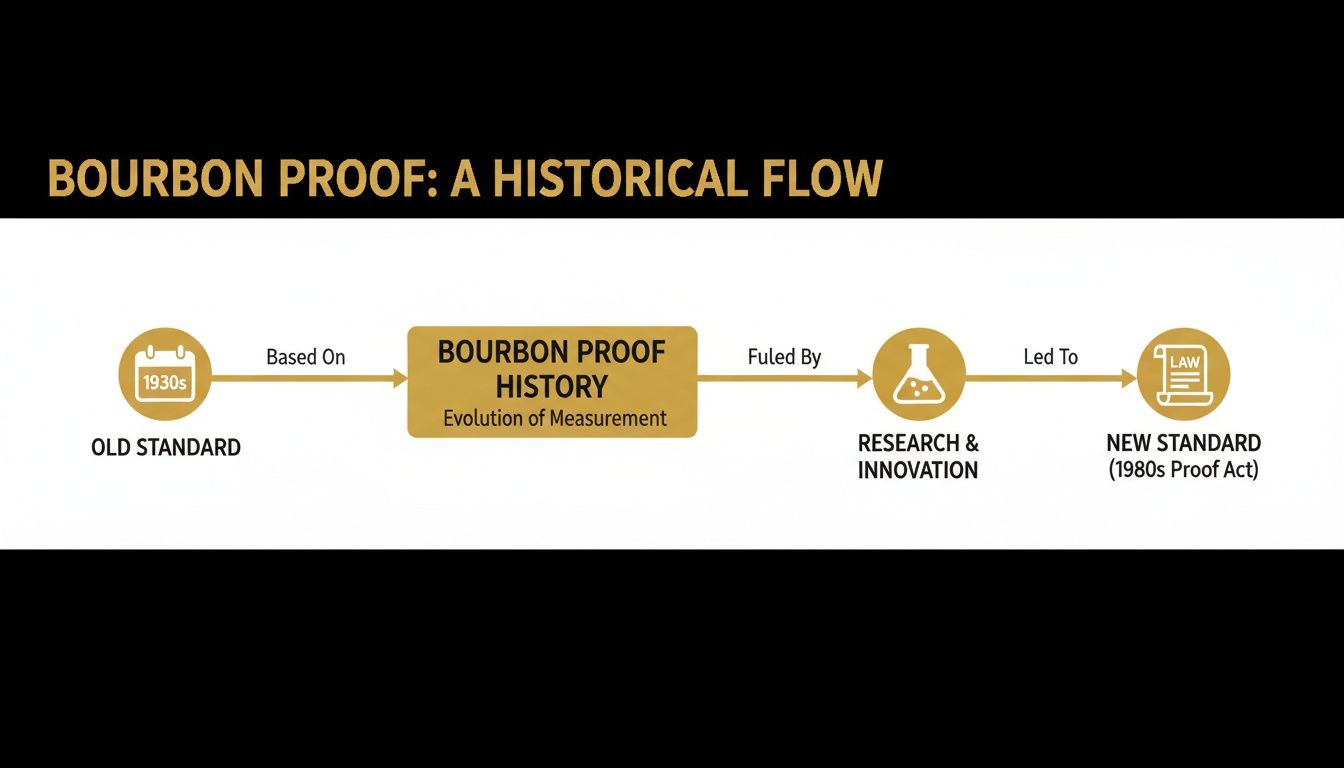 A historical flow chart illustrating the evolution of bourbon proof measurement from the 1930s to the 1980s.
