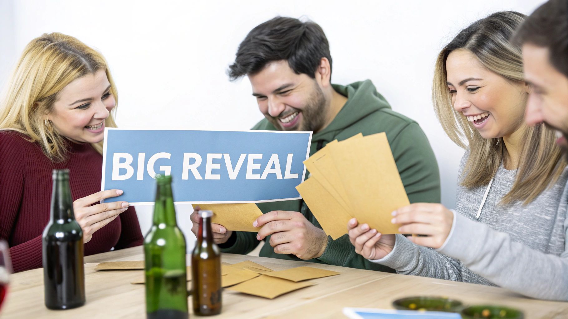 A group of friends laughing and discussing their whiskey tasting results.