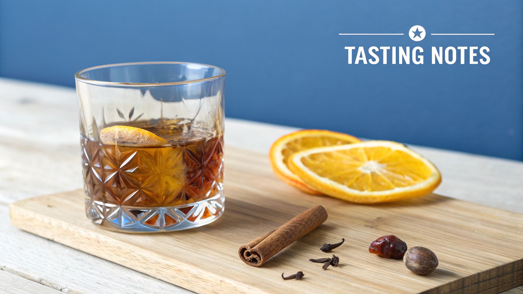 A cocktail with orange peel and aromatic spices like cinnamon, cloves, and nutmeg on a wooden board.