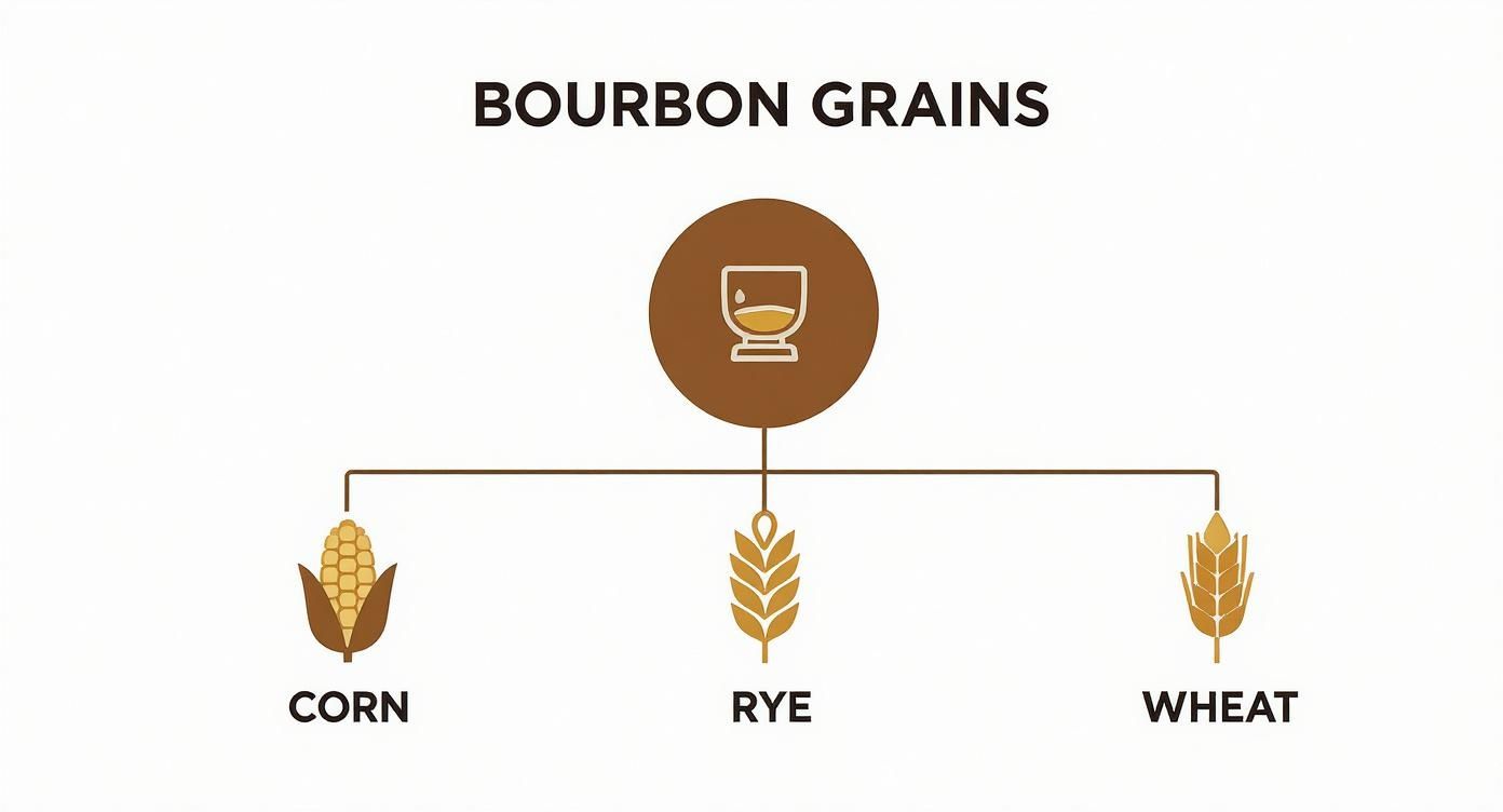 Infographic illustrating the primary grains used in bourbon production: corn, rye, and wheat.