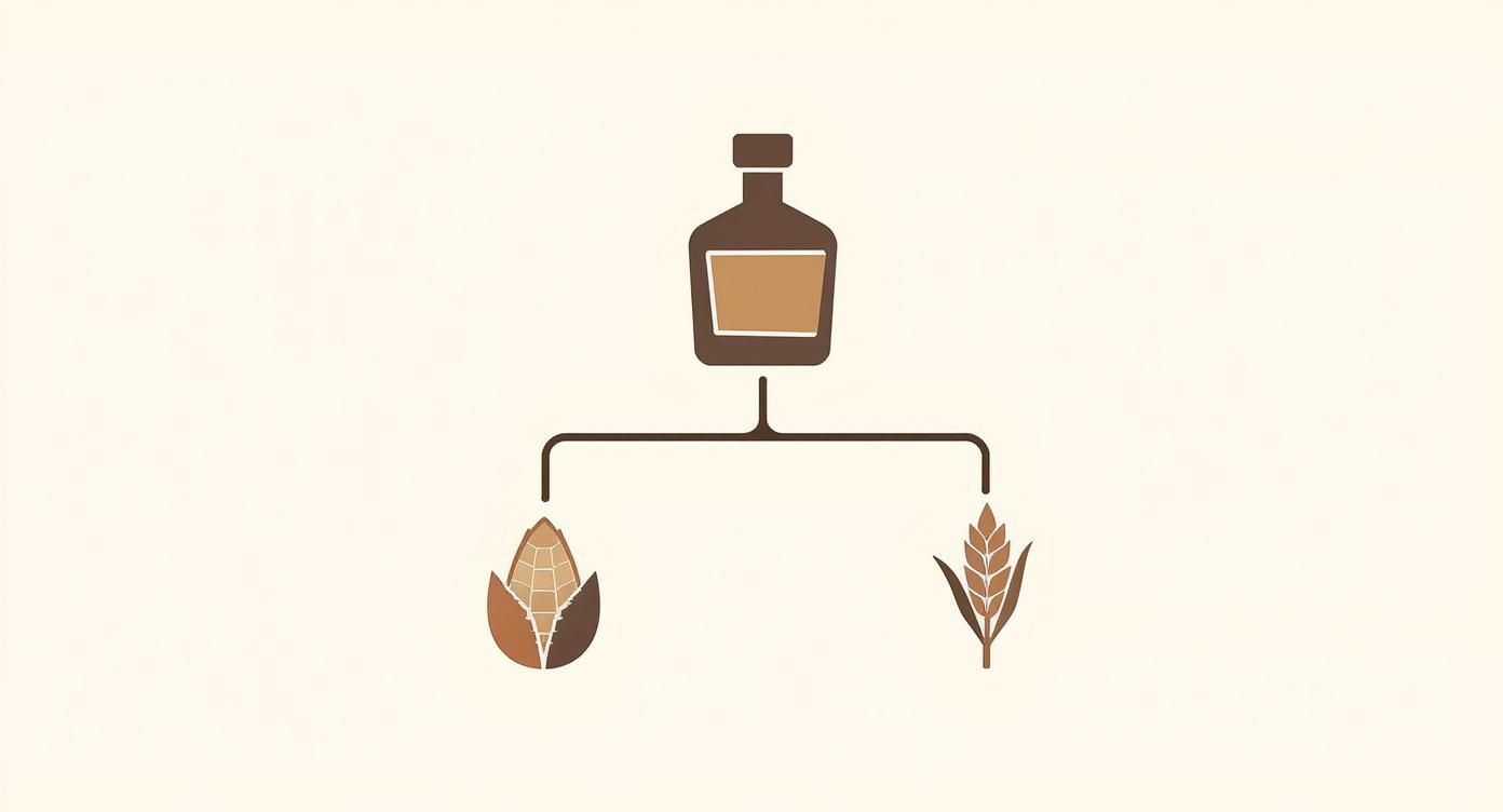 Diagram showing whiskey bottle connected to corn and wheat grains illustrating bourbon and rye ingredients