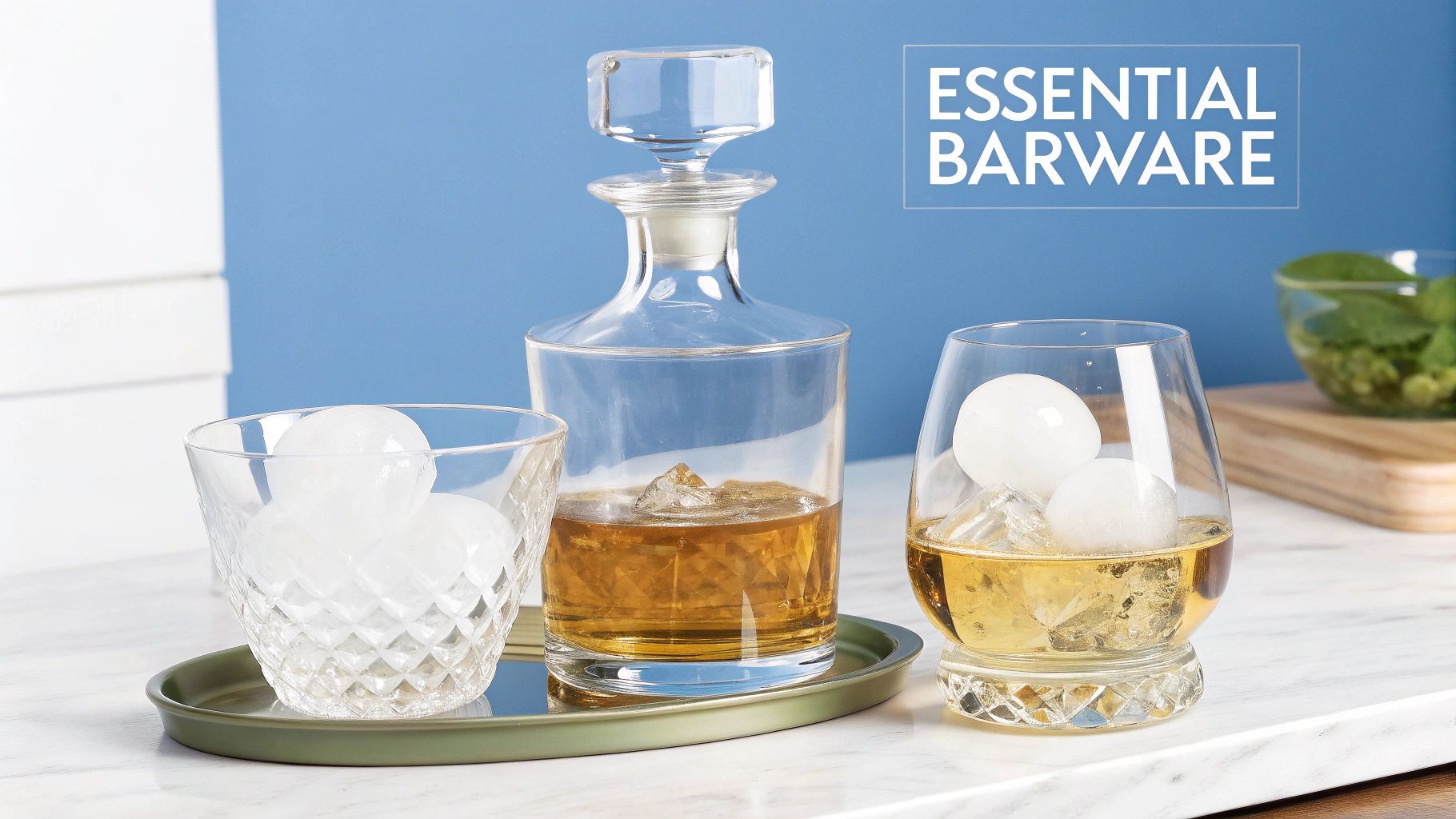 A sophisticated home bar setup with elegant bourbon glasses and a decanter.