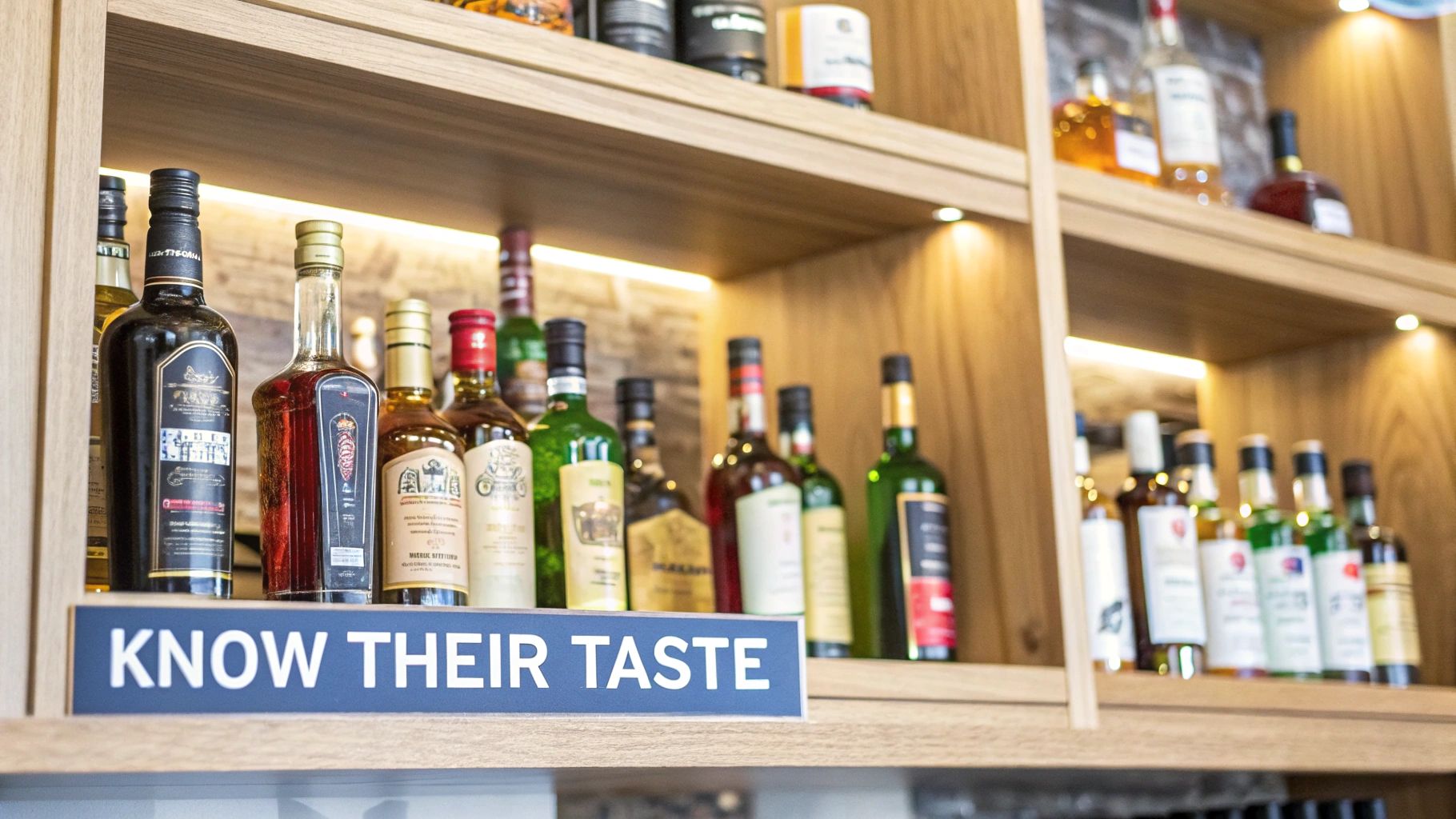 A neatly organized home bar with several bottles of whiskey and glassware on display.