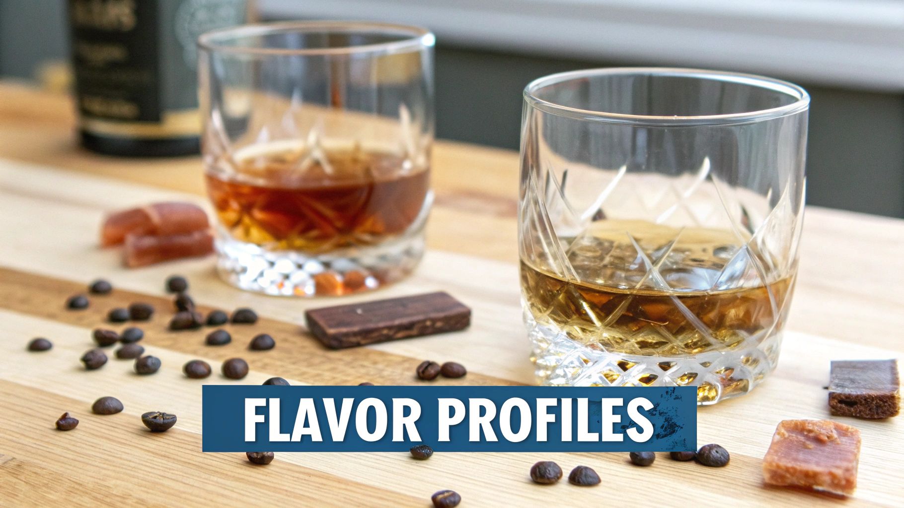 Two glasses of whiskey on a wooden table with coffee beans, chocolates, and text 'FLAVOR PROFILES'.