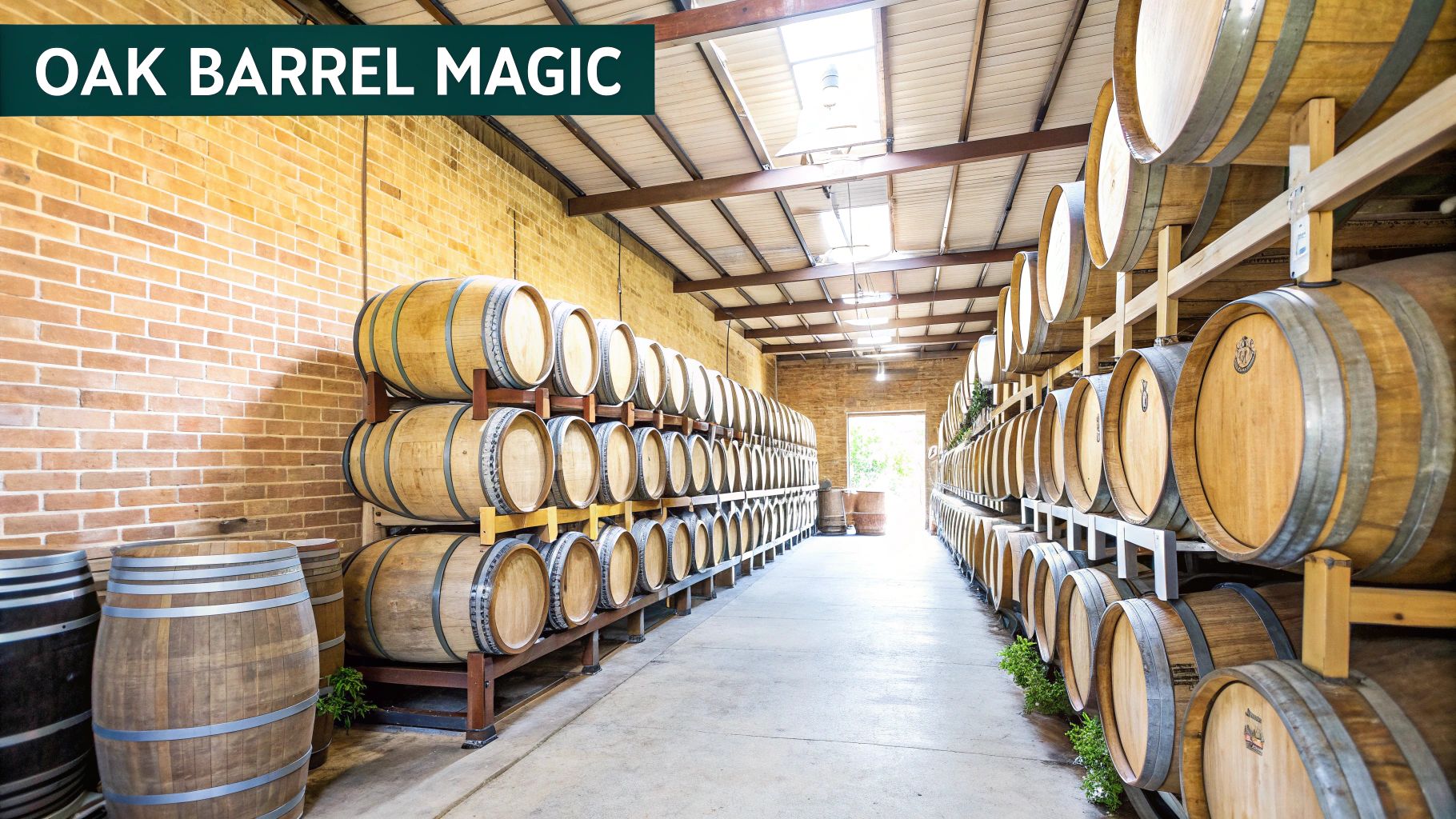Whiskey barrels aging in a rickhouse