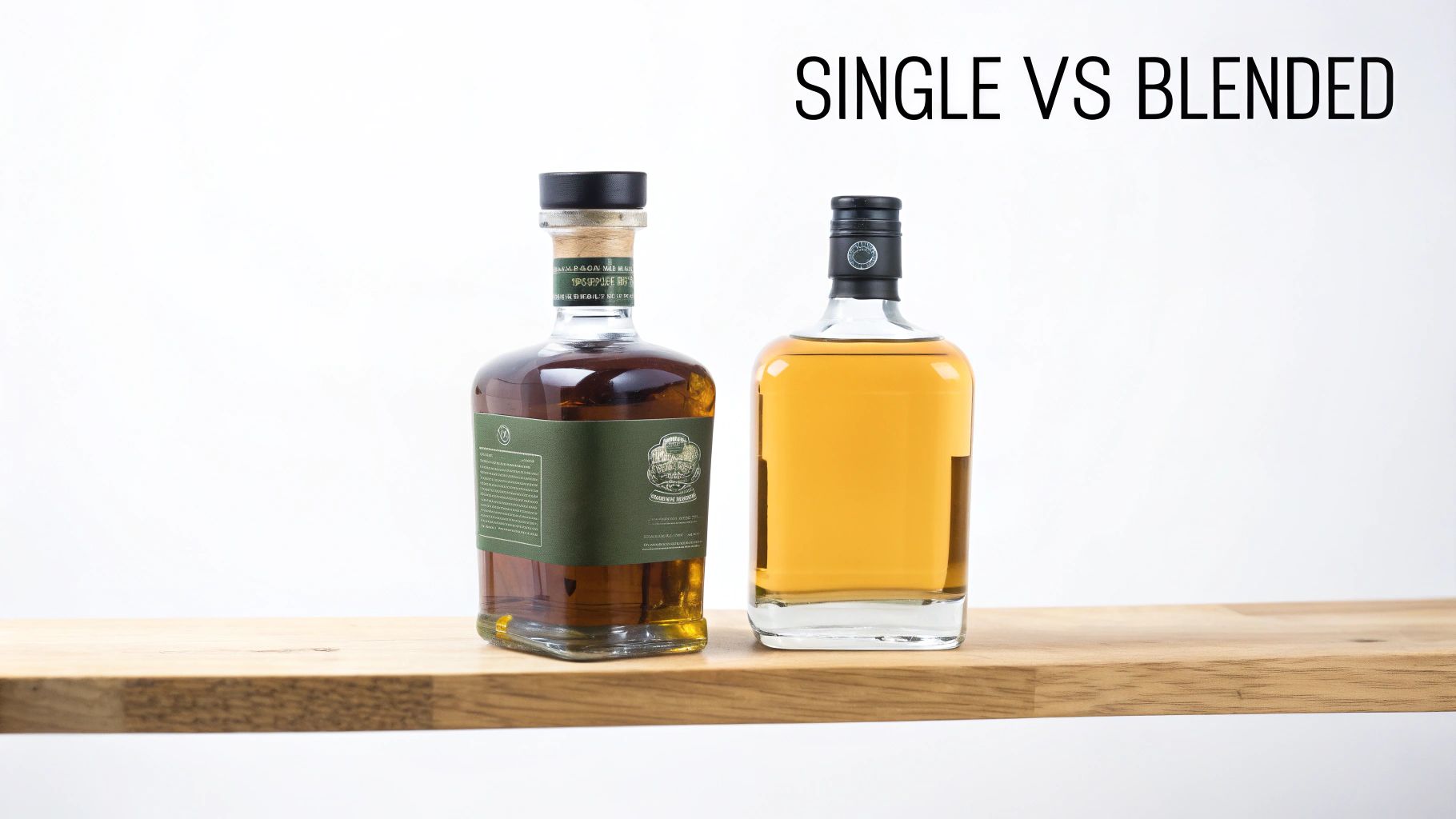 Two bottles of whiskey, representing single malt and blended types, on a wooden surface.