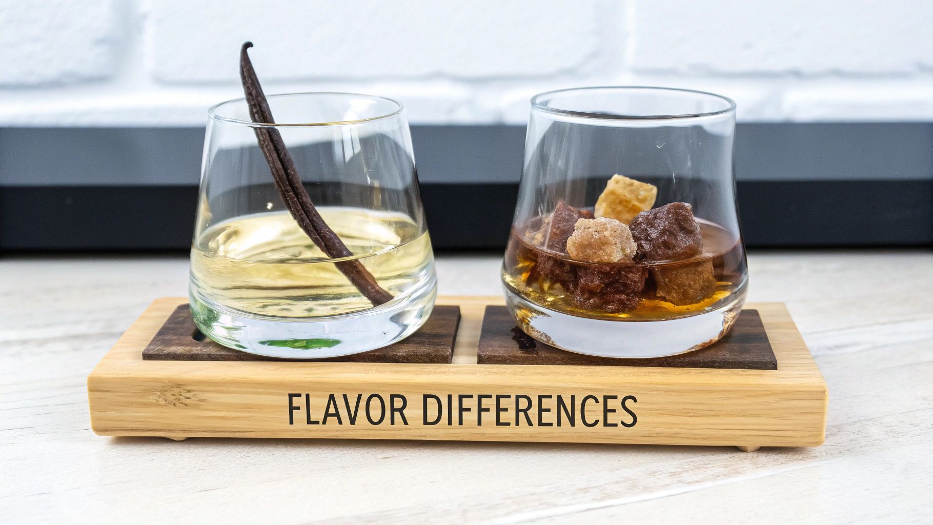 Two glasses on a 'Flavor Differences' stand, one with vanilla, one with sugar cubes.