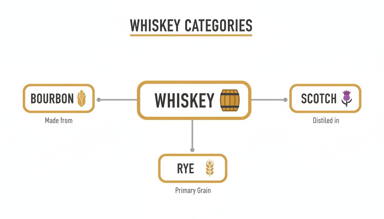 Diagram illustrating whiskey categories: Bourbon (corn), Scotch (distilled), and Rye (grain).