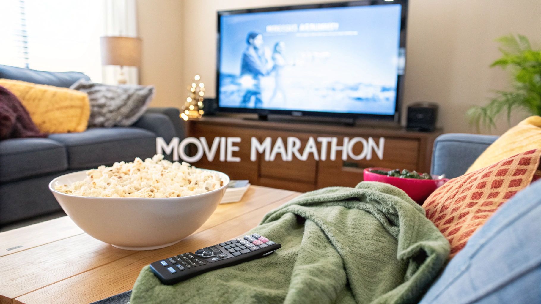 A cozy living room with popcorn, remote, and a blanket, ready for a movie marathon.