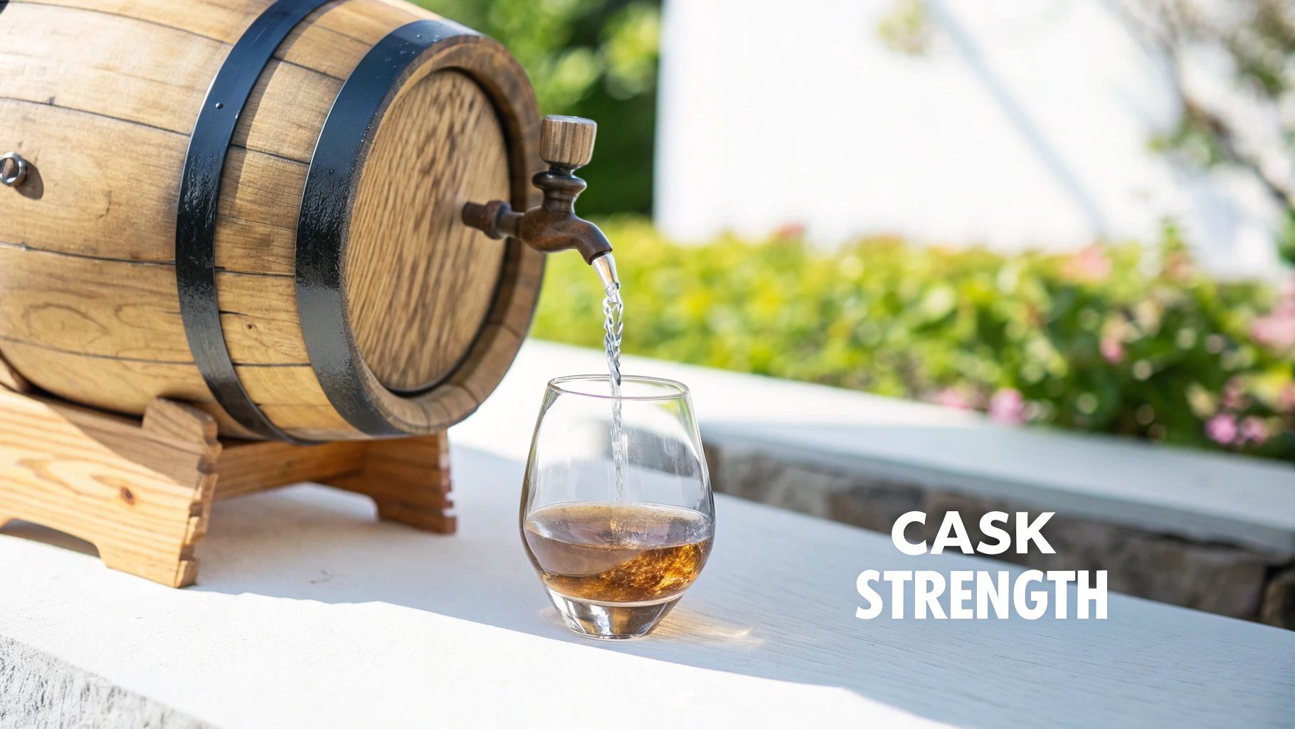 A wooden barrel with a tap pouring clear liquid into a glass of amber whiskey, with "CASK STRENGTH" text.