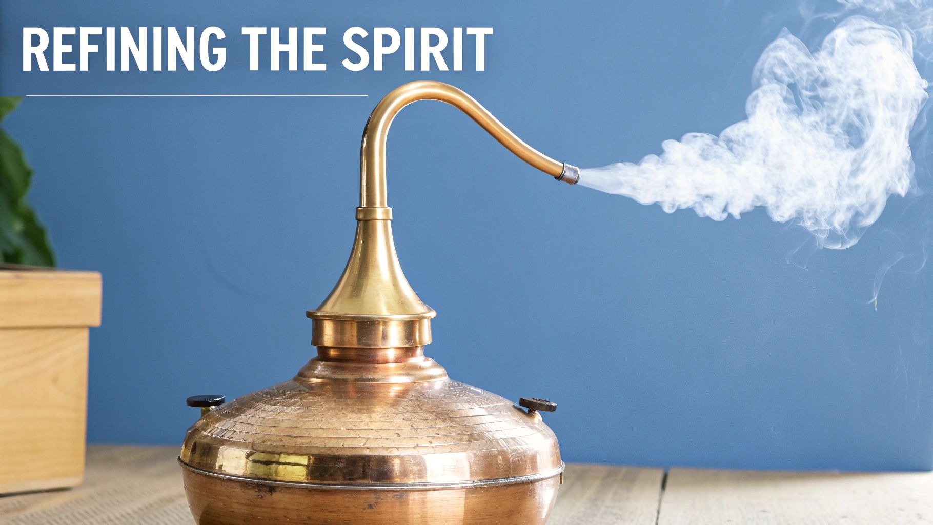 A vintage copper still actively distilling, emitting white steam, with text "REFINING THE SPIRIT".