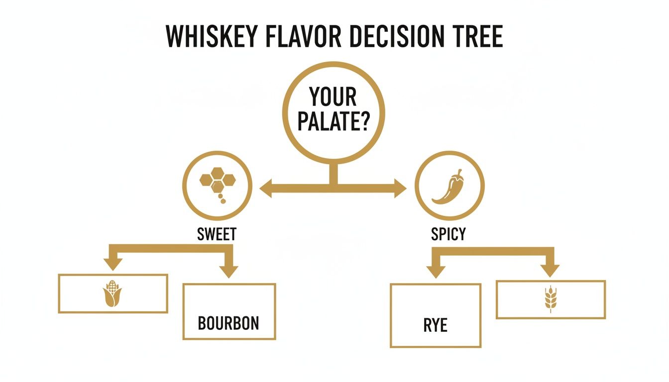 Whiskey flavor decision tree guiding choice based on sweet (corn, Bourbon) or spicy (Rye, wheat) preferences.
