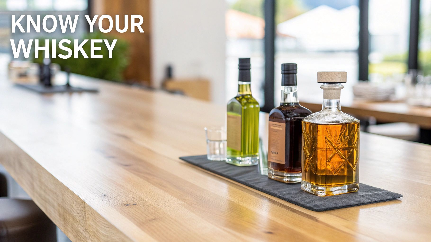 A collection of whiskey bottles and glasses arranged for a tasting.