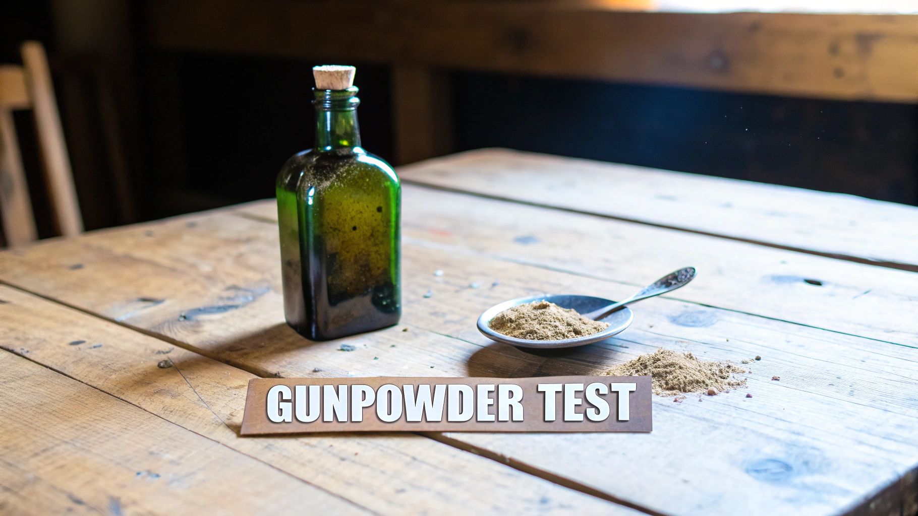 A rustic wooden table displays a green bottle, a dish of brown powder with a spoon, and a 'GUNPOWDER TEST' sign.