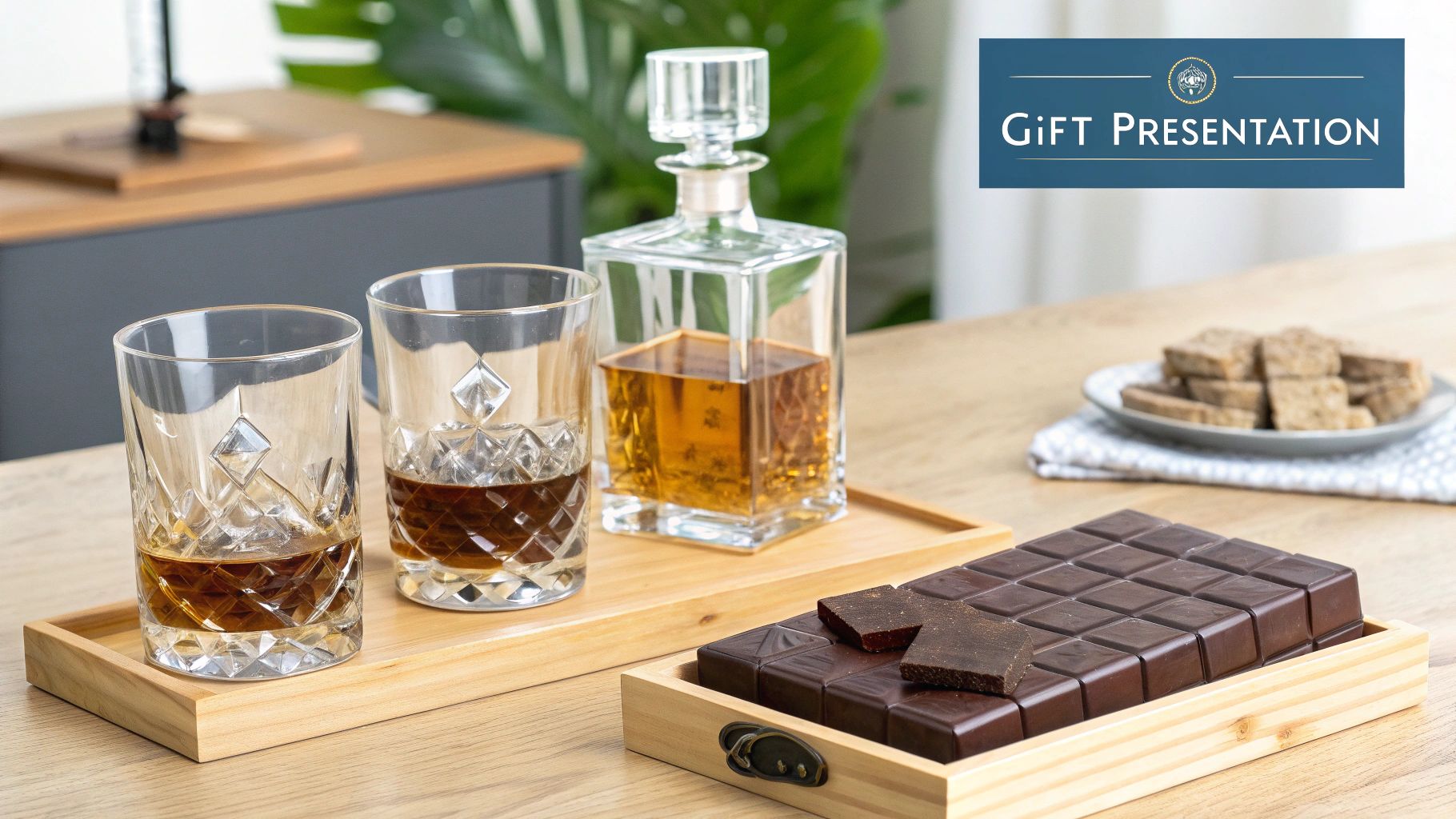 A beautifully wrapped whiskey gift with elegant glassware and accessories.