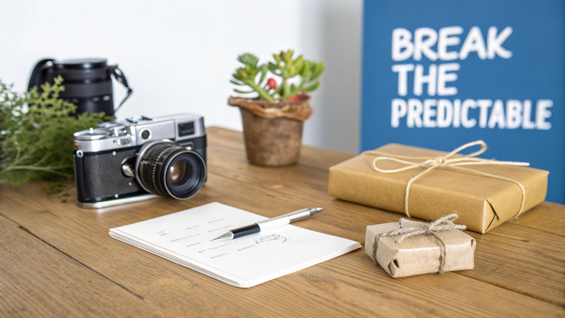 A vintage camera, notebook, pen, and wrapped gifts on a 'Break the Predictable' sign.
