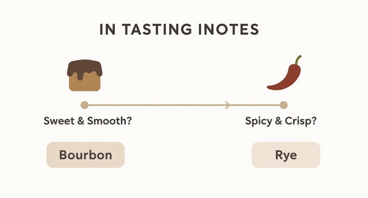 Visual comparison chart showing bourbon versus rye whiskey flavor profiles with sweet smooth and spicy crisp characteristics