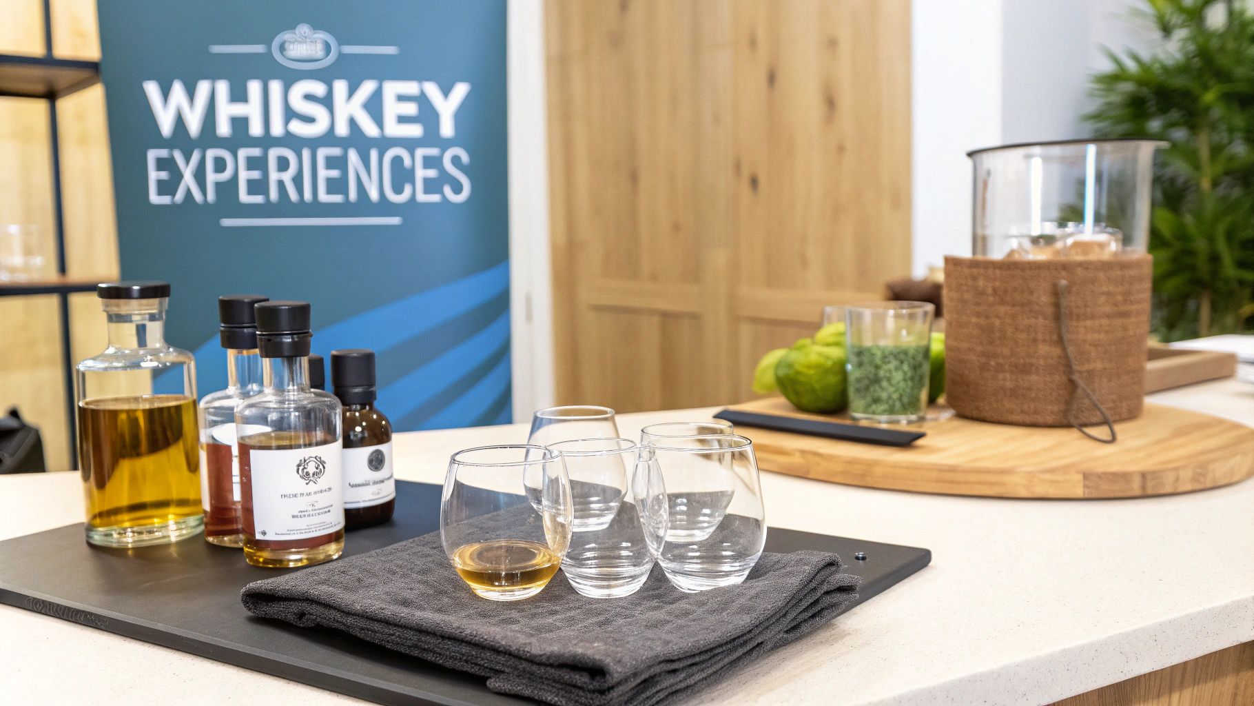 A curated whiskey tasting set with small glasses and bottles arranged neatly.