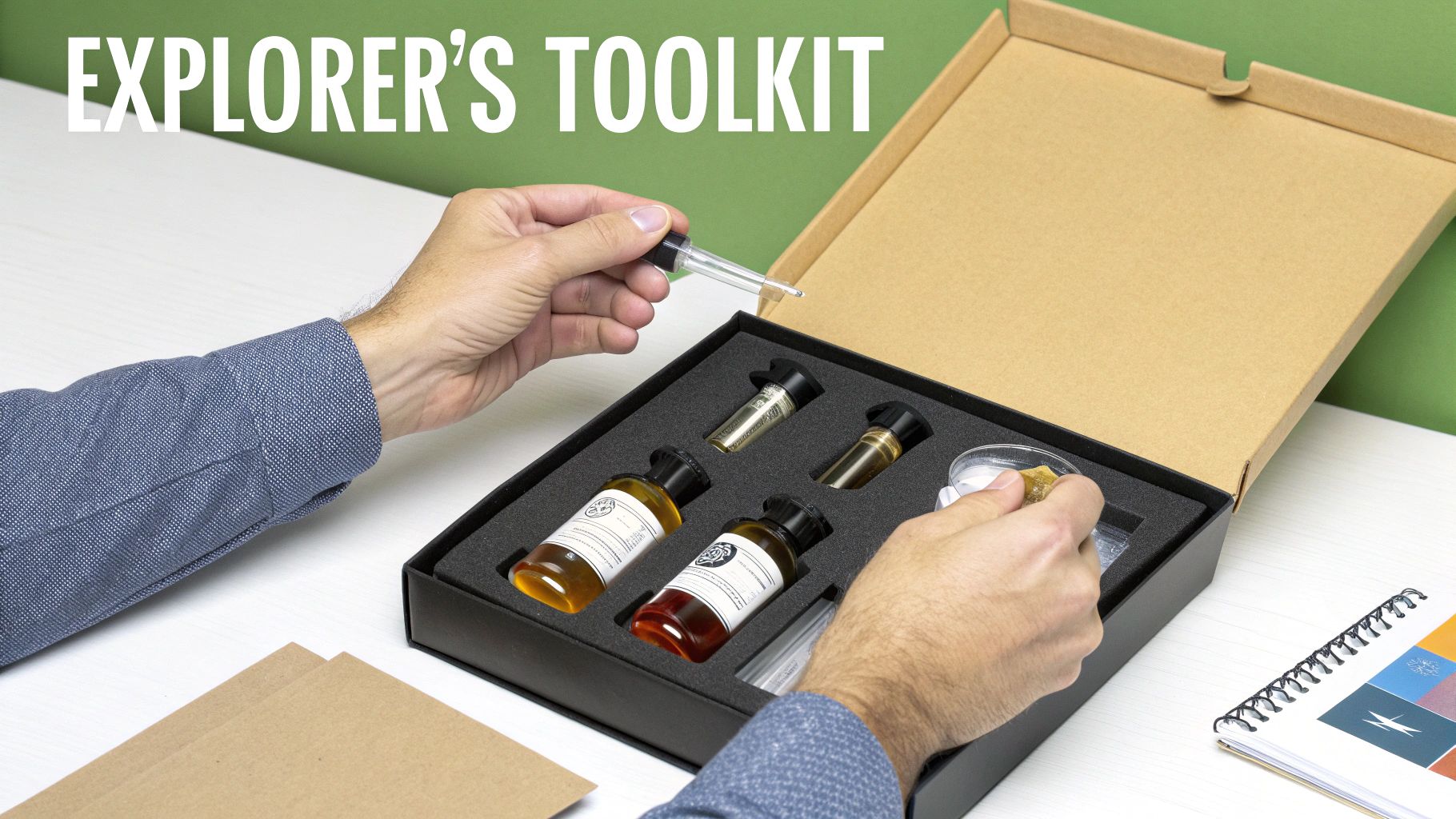 A person's hands using an 'Explorer's Toolkit' containing several bottles, a dropper, and materials for a tasting experience.